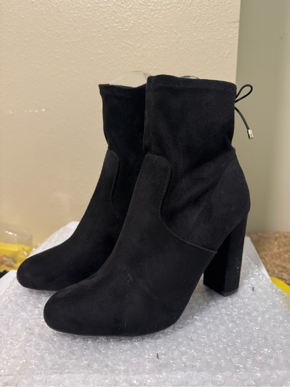Material Girl Black Suede Block Heel Ankle Boots
